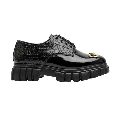 Black Croc Embossed Patent Derby Shoes with Chunky Sole