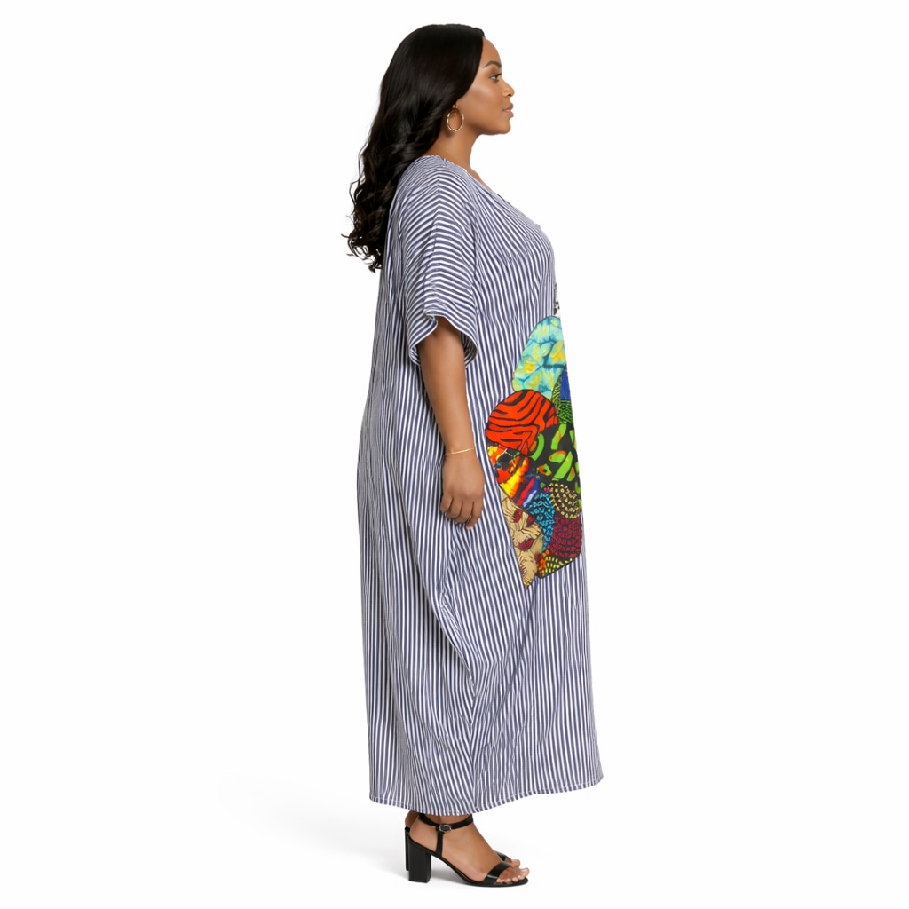 Black and White Striped Kaftan Maxi Dress with  Patchwork Detail