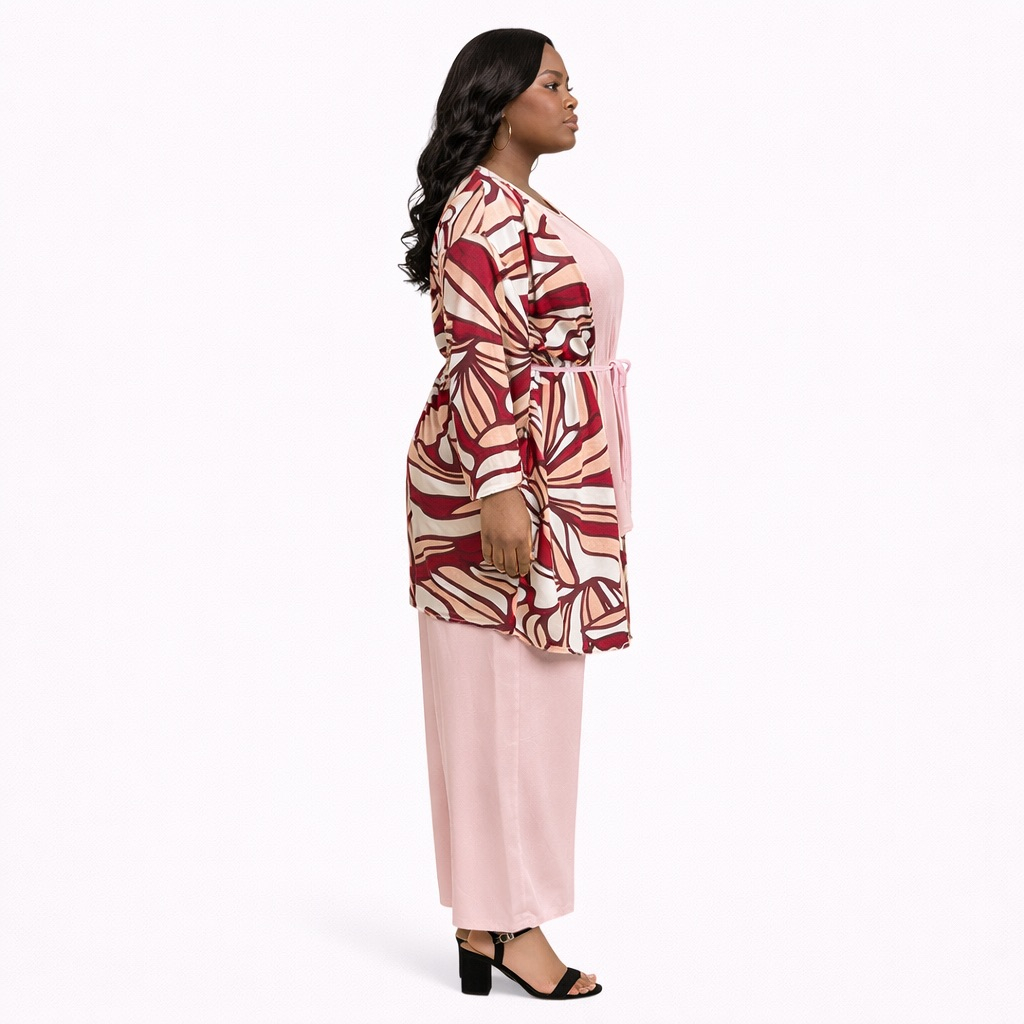Blush Pink Three Piece Lounge Set  with  Printed Kimono Jacket