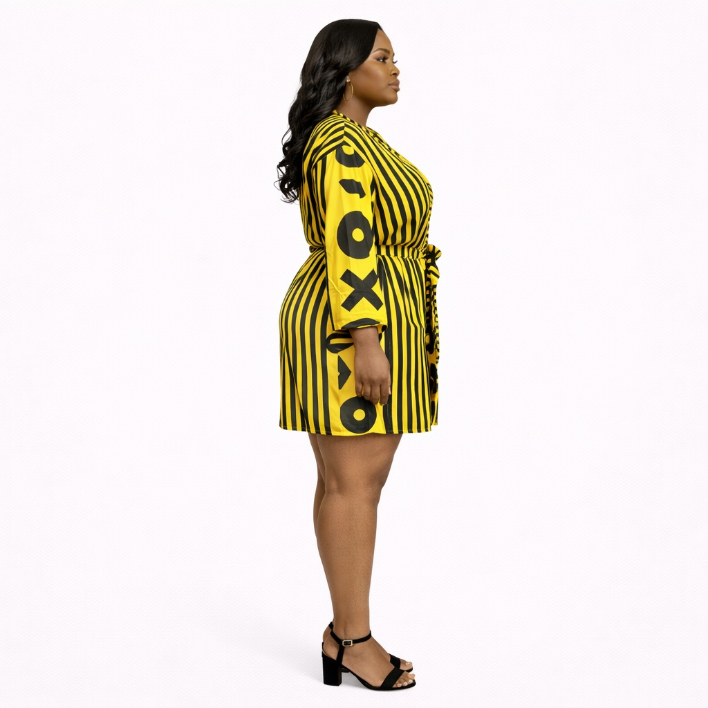 Yellow and Black Striped Kimono Dress  with Waist Tie