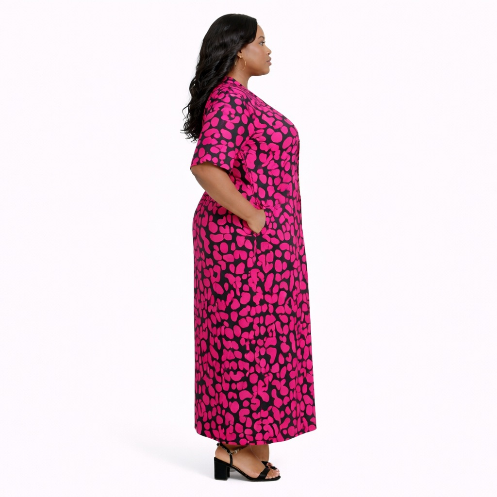 Pink and Black Abstract Print Zip Front Maxi Dress