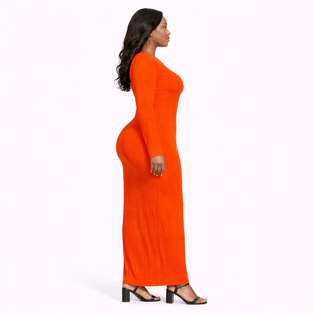 Orange Pleated Long Sleeve Maxi Dress with Round Neck