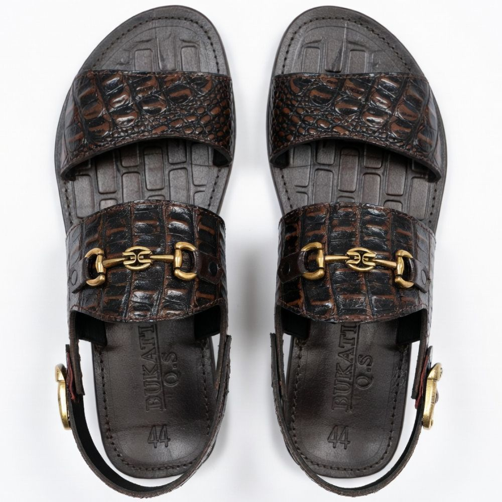 Handcrafted Men Dark Brown Croc Leather Bit Sandal with Gold Hardware