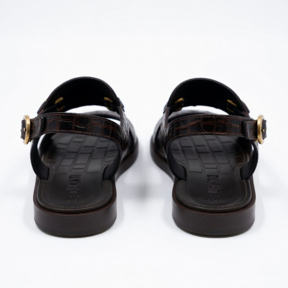 Handcrafted Men Dark Brown Croc Leather Bit Sandal with Gold Hardware