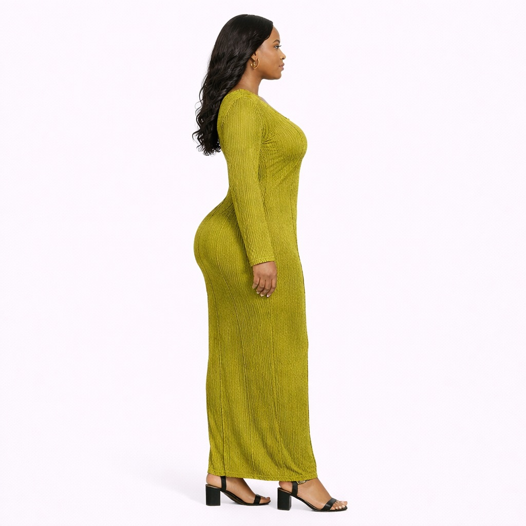 Olive Green Pleated Long Sleeve Midi Dress with Round Neck