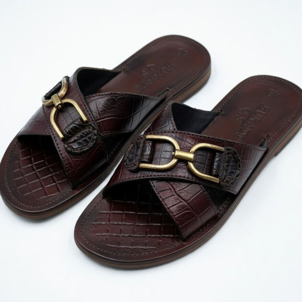 Handcrafted Men Dark Brown Croc Embossed Leather Bit Slides