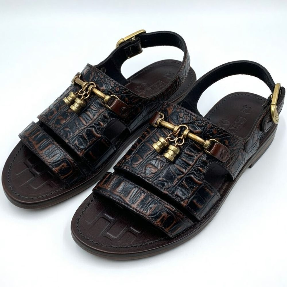 Dark Brown Croc Leather Mens Buckle Sandals