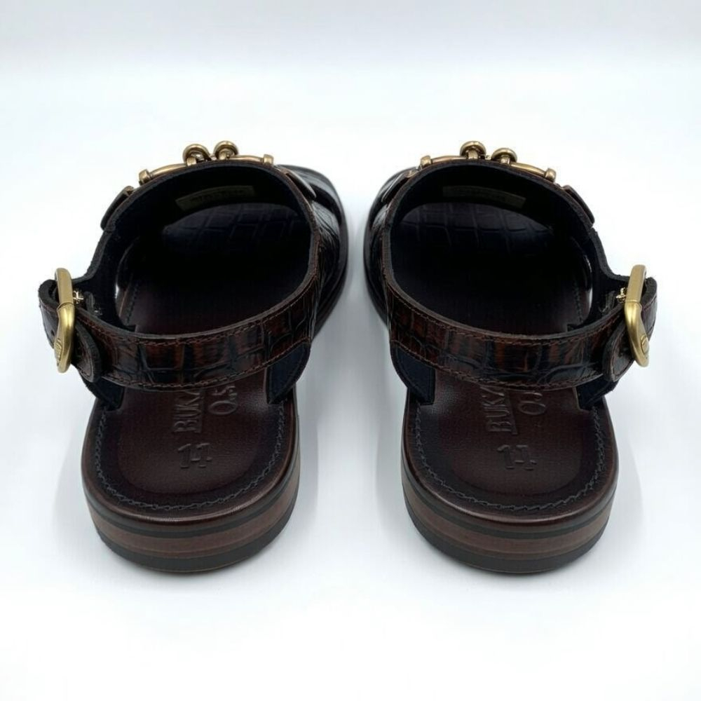 Dark Brown Croc Leather Mens Buckle Sandals