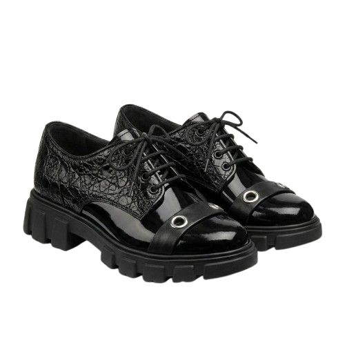 Black Quilted Patent Lace Up Derby Shoes with chunky sole