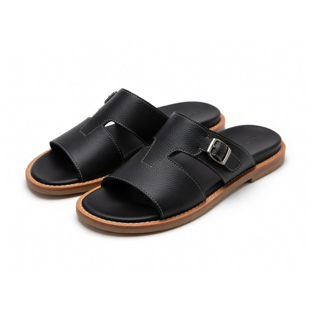 Black Textured Faux Leather Slides Contrast Stitching