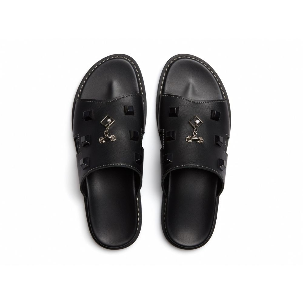Mens Black Designer Sandals with Studded Detail