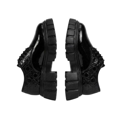 Black Glossy Patterned Lug Sole Derby Shoes