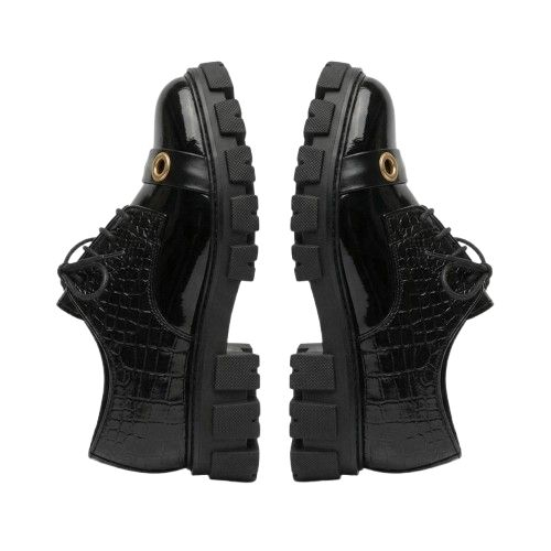 Black Glossy Croc Embossed Derby Shoes with Golden eyelet