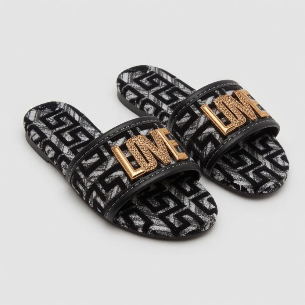 Women Patterned Slide Sandals with Gold Accent