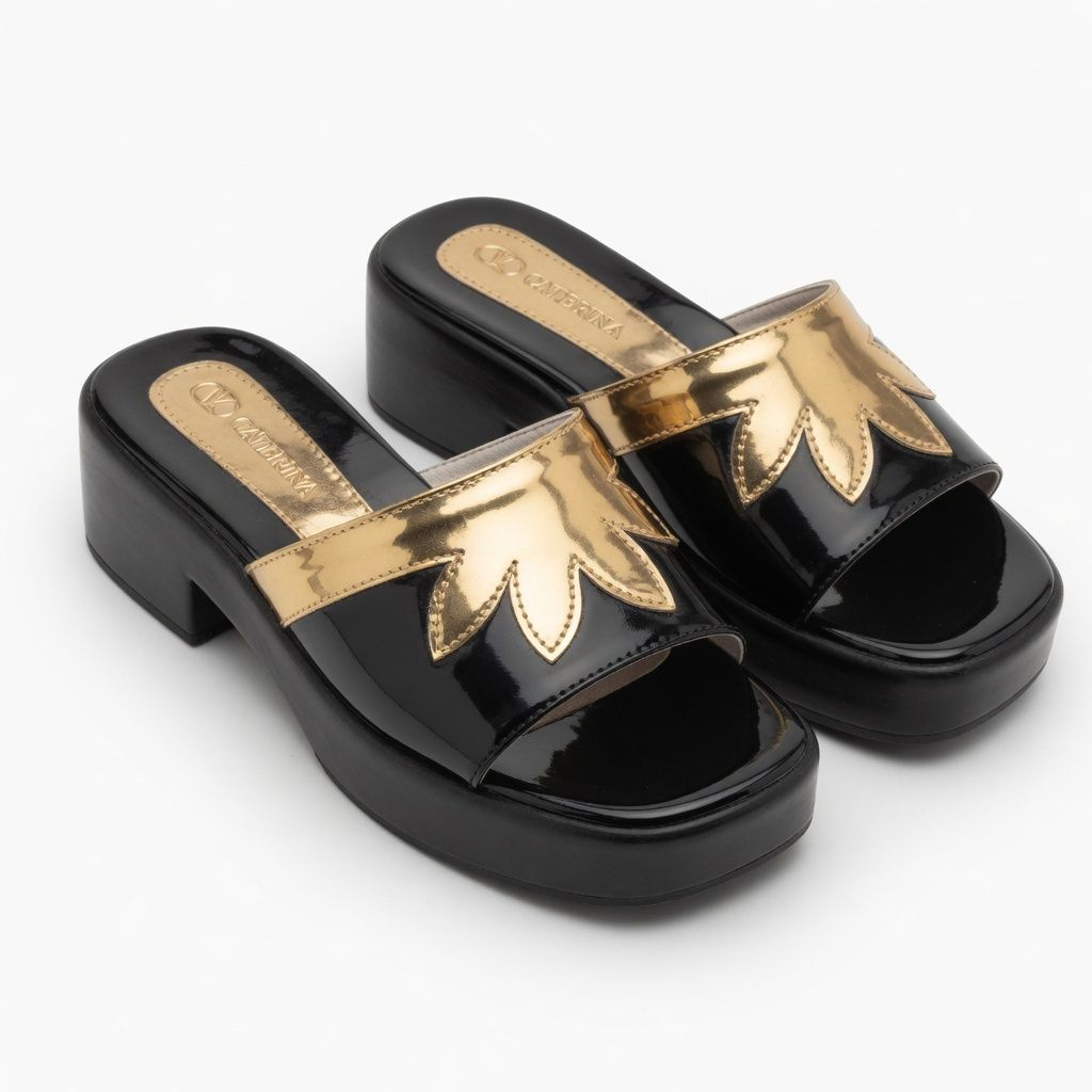 High Shine Platform Slides with Gold Flame Detail