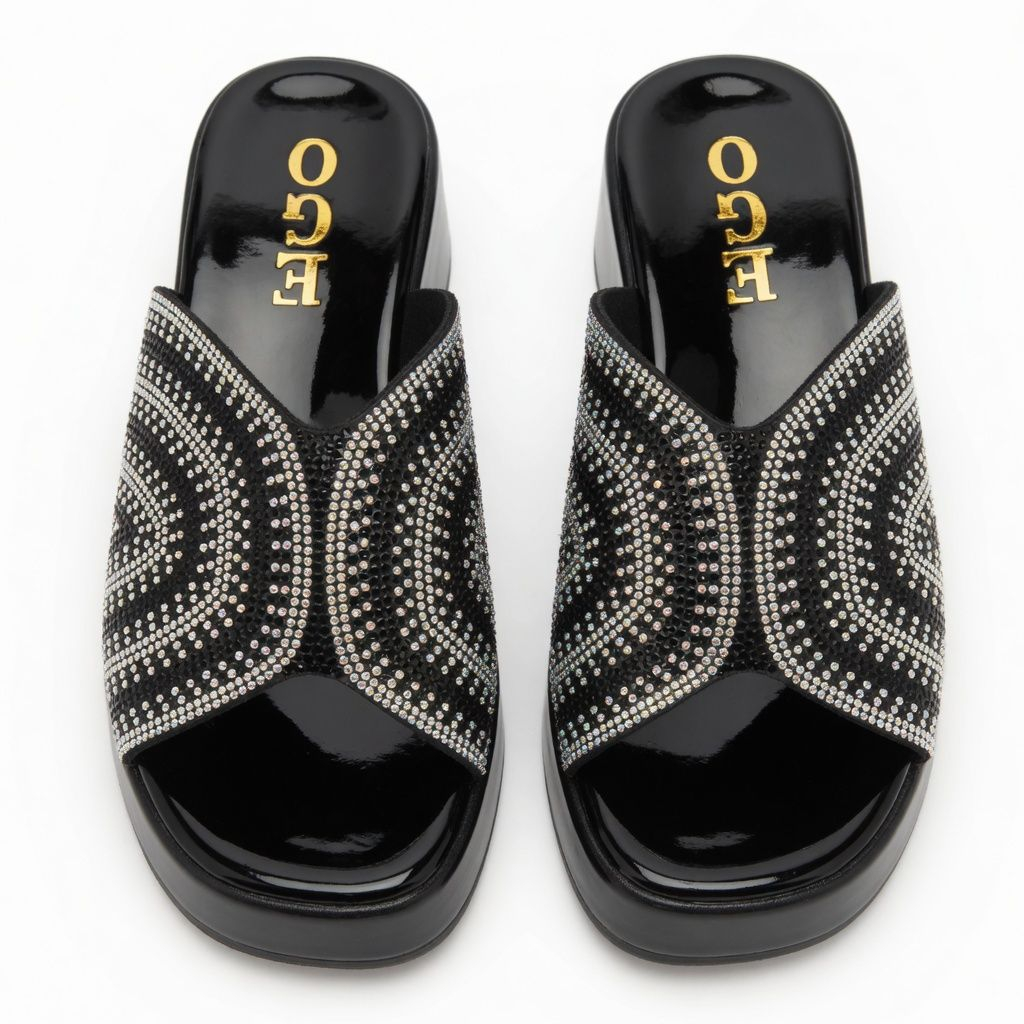 Womens Black Rhinestone Platform Slide Sandals