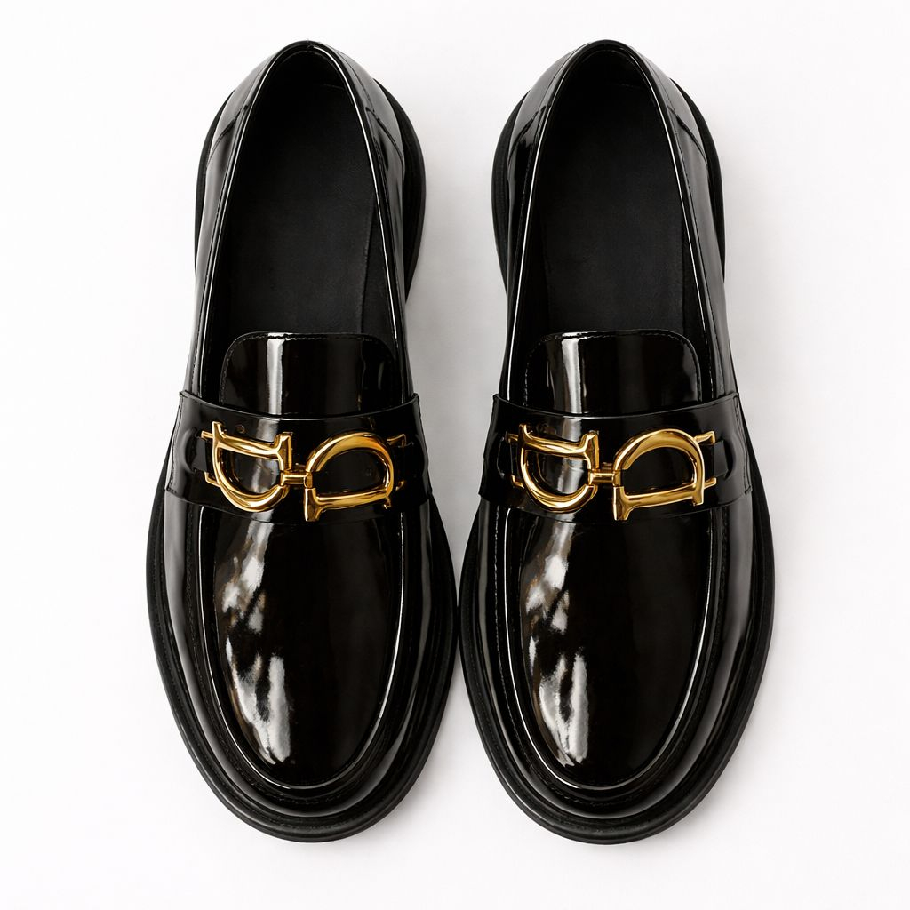 Mens Black Patent Leather Loafers with Gold Buckle Detail