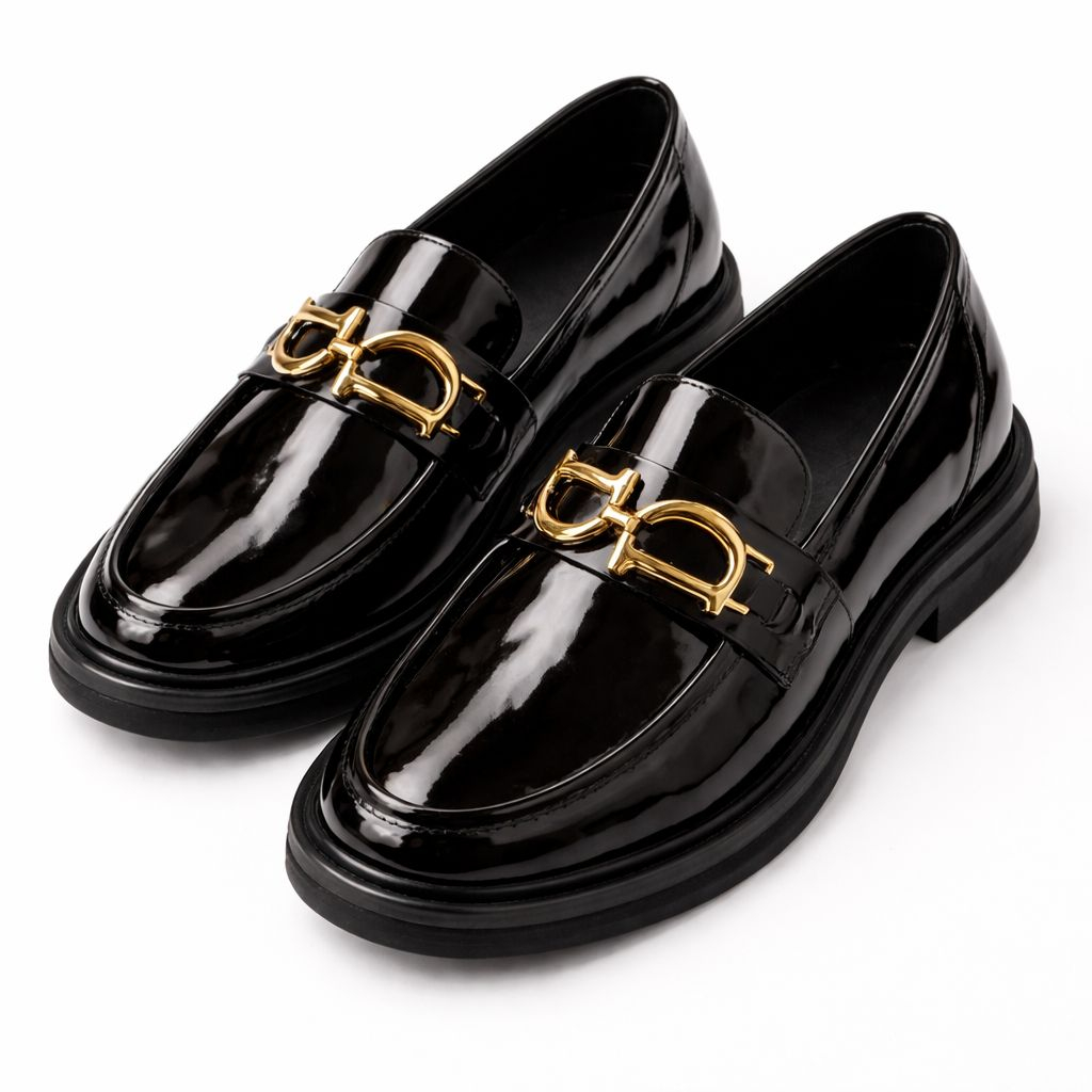 Mens Black Patent Leather Loafers with Gold Buckle Detail