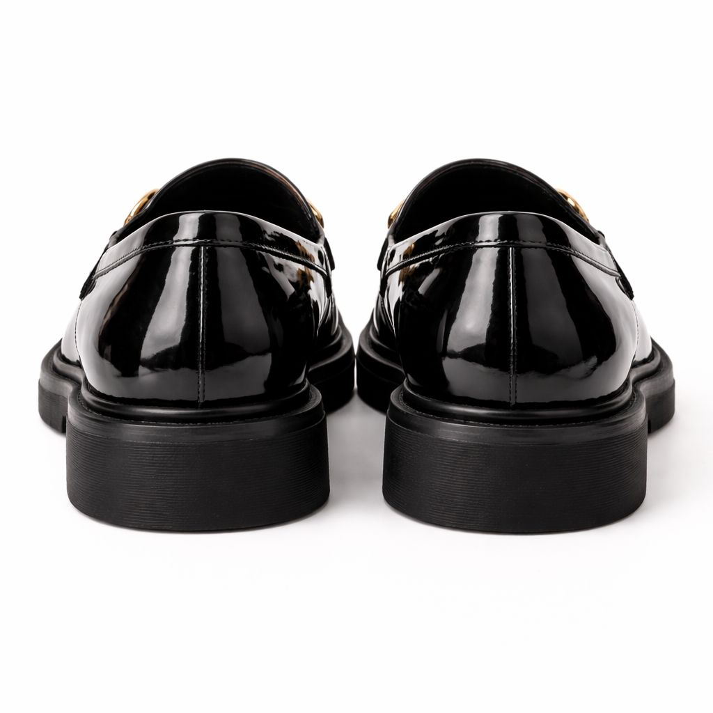 Mens Black Patent Leather Loafers with Gold Buckle Detail
