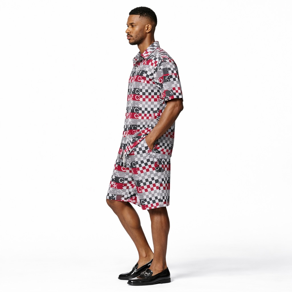 Mens  Red Black and White Checkered Graphic  Two Piece Short Set