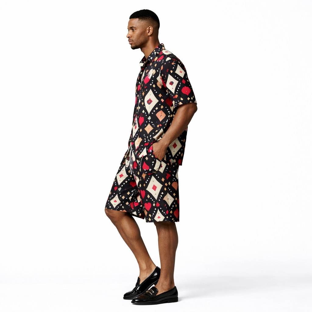 Mens Black Playing Card Print  Two Piece Short Set