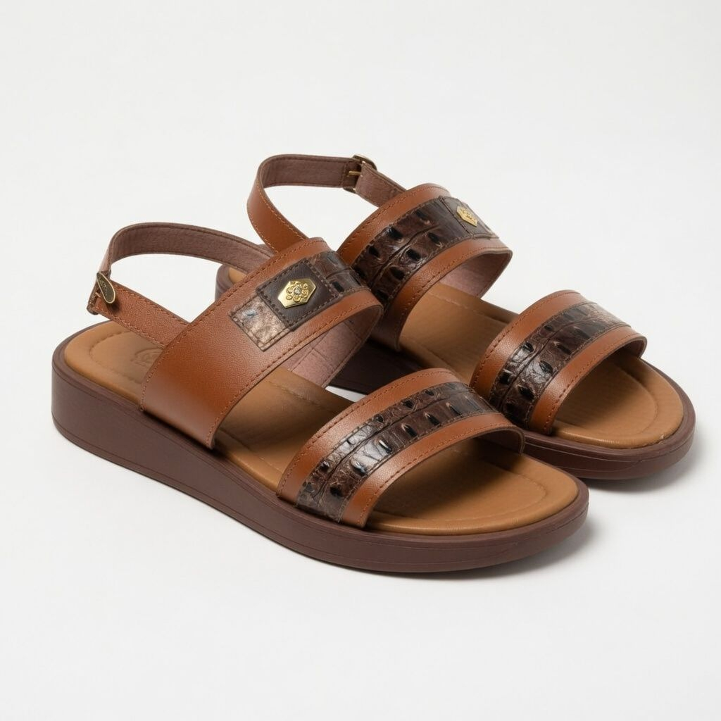 Mens Brown Double Strap Slingback Leather Sandals