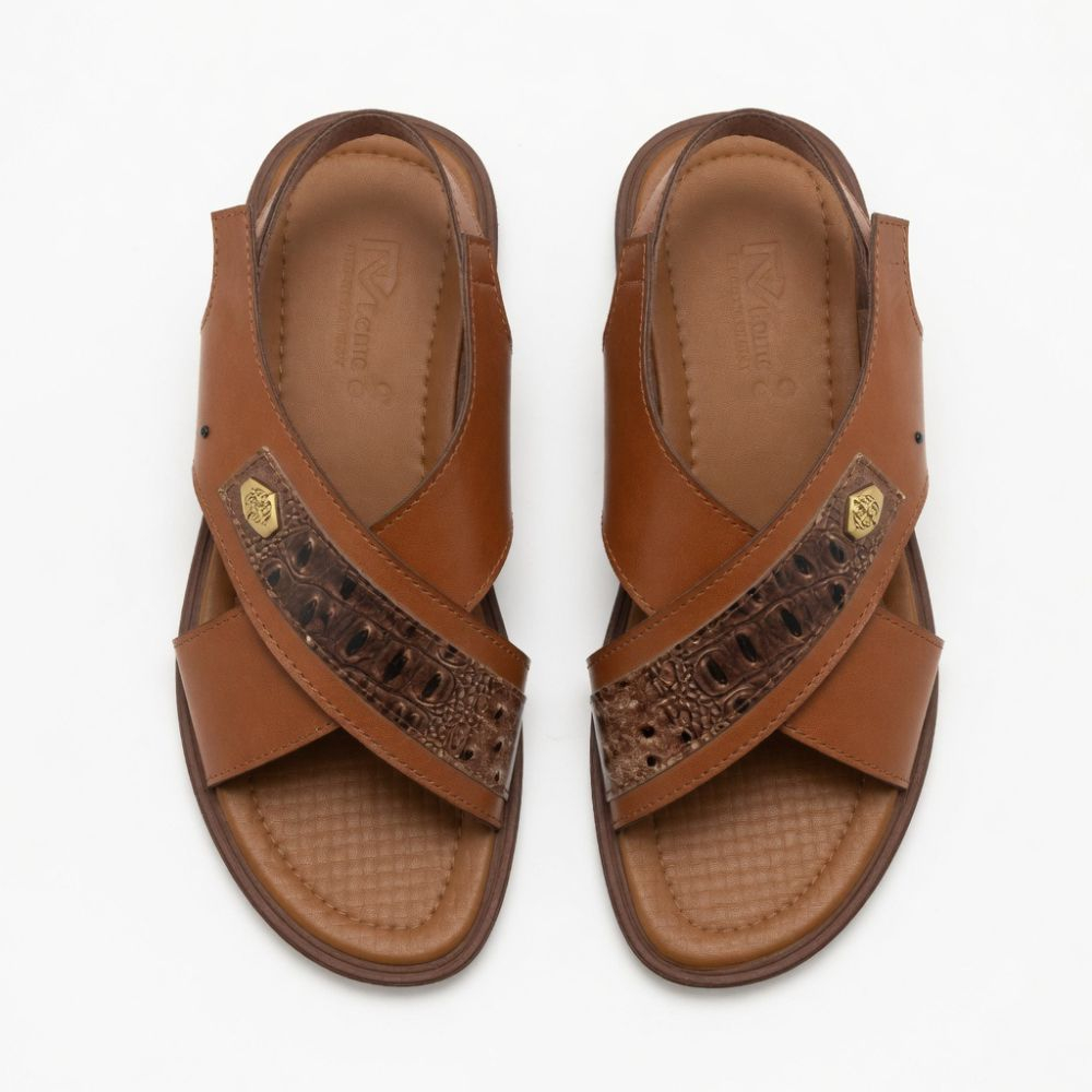 Mens Brown Cross Strap Slingback Leather Sandals