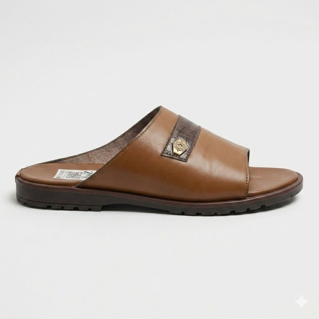 Mens Brown Open Toe Leather Slide Sandals