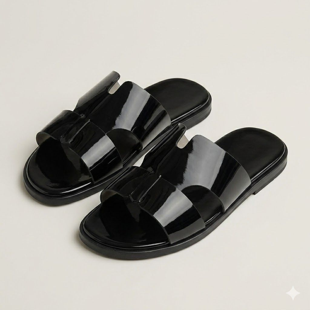 Mens Glossy Double Strap Slip On Sandal
