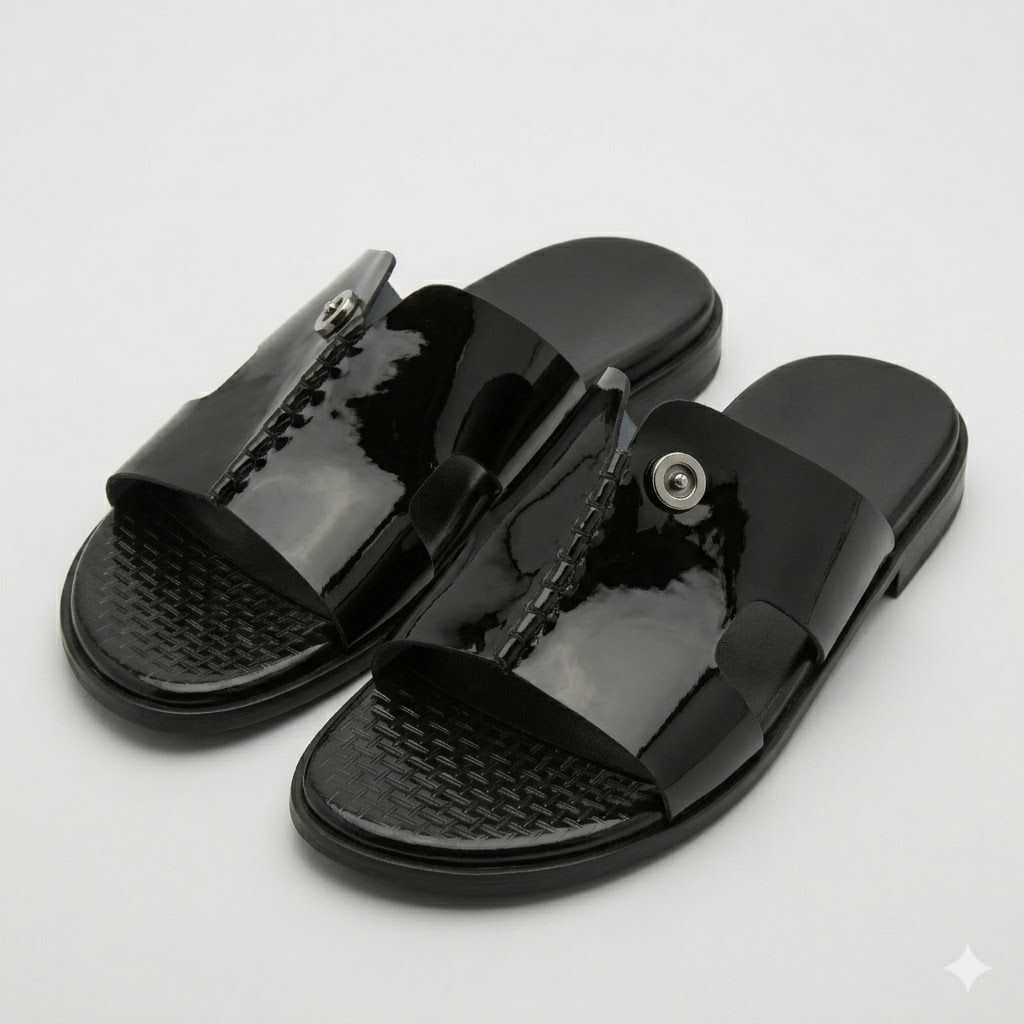 Mens Black Glossy Cross Strap Slide Sandals
