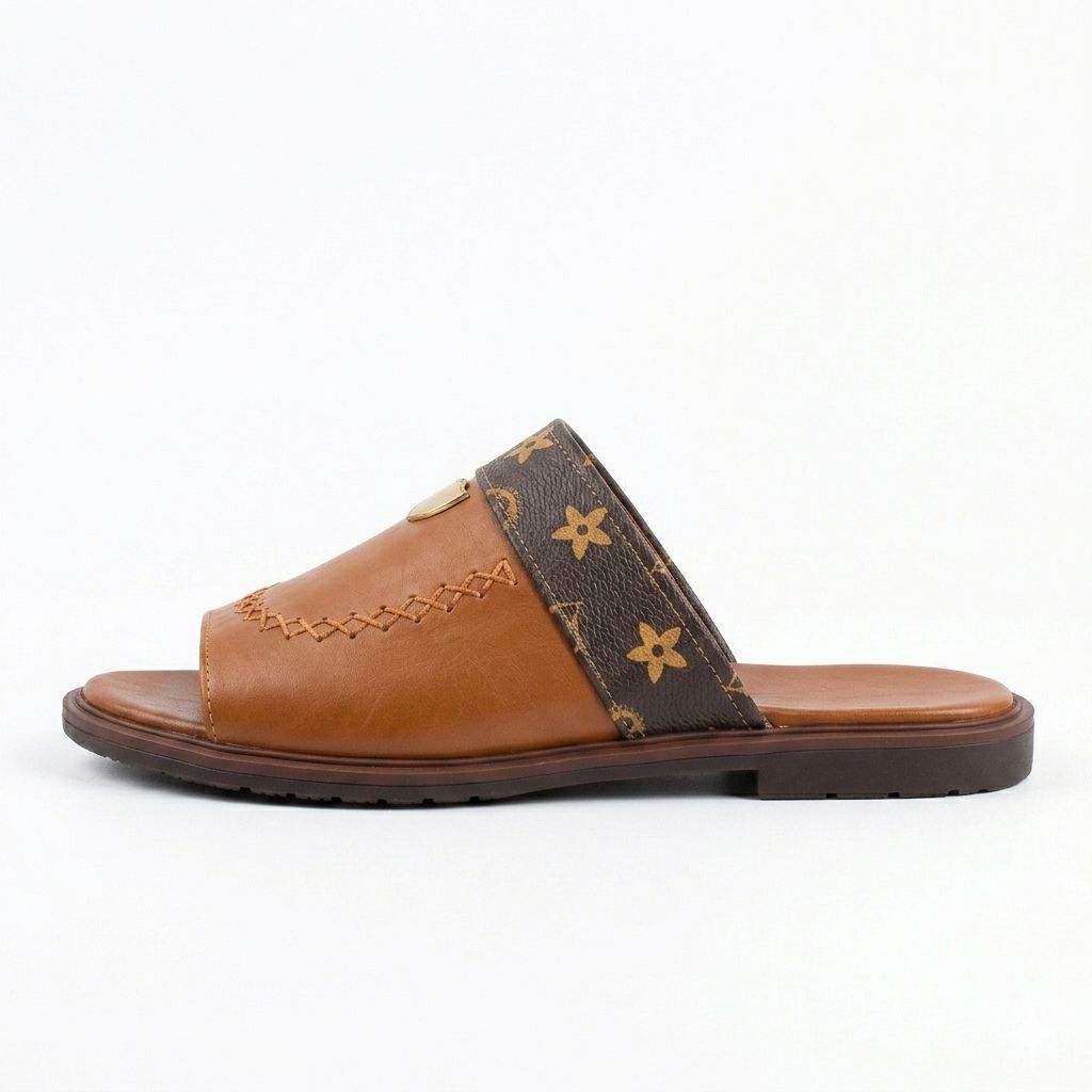 Mens Brown Open Toe Comfort Slide Sandals