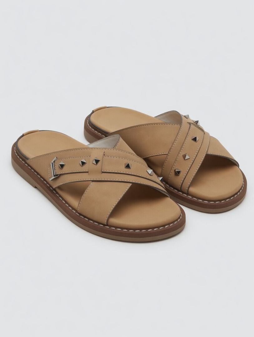 Classic Beige Cross Strap Slide Sandals with Studded Detail