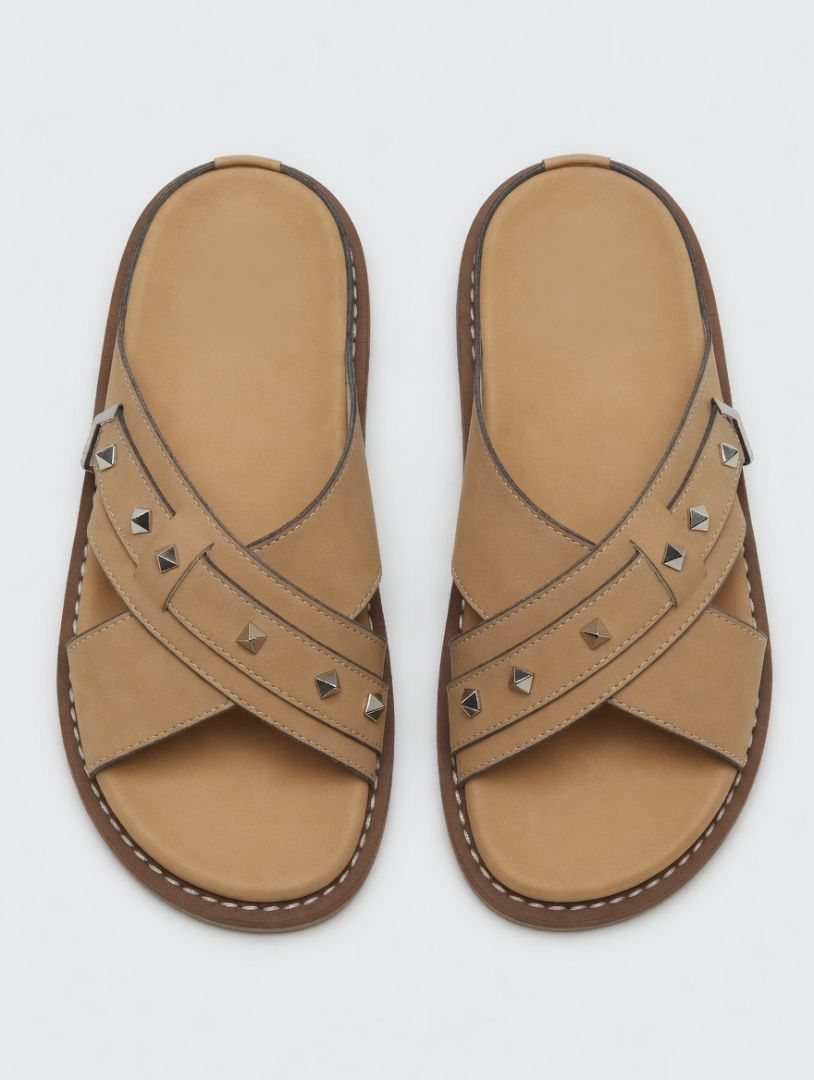 Classic Beige Cross Strap Slide Sandals with Studded Detail