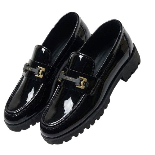 Mens Glossy Patent Leather Chunky Sole Loafers with Metal Detail