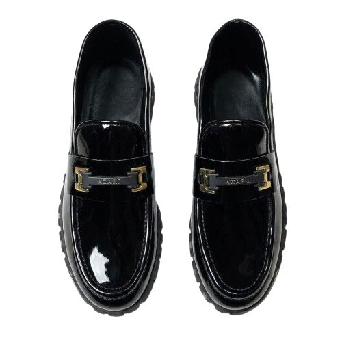 Mens Glossy Patent Leather Chunky Sole Loafers with Metal Detail