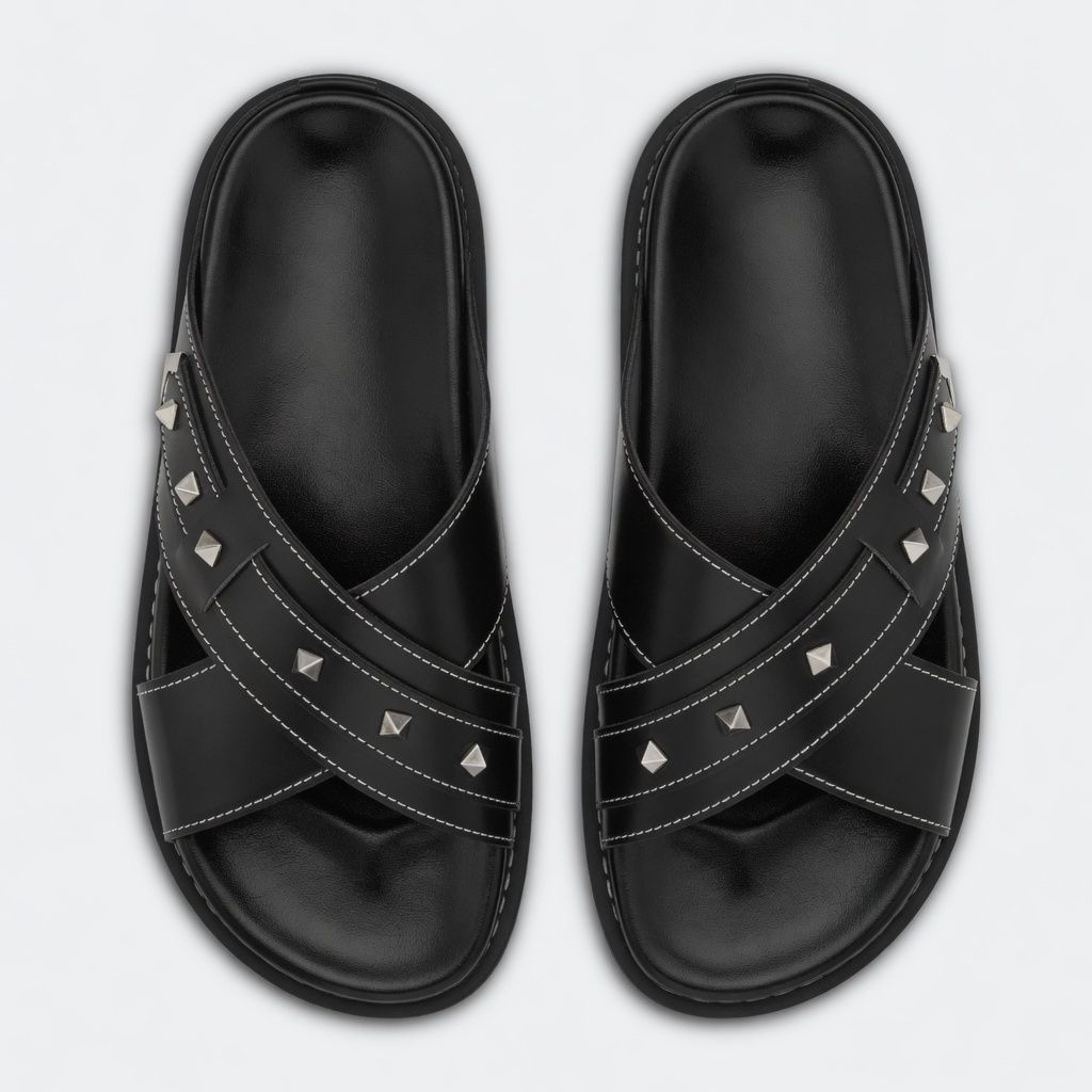 Classic Black Cross Strap Slide Sandals with Studded Detail