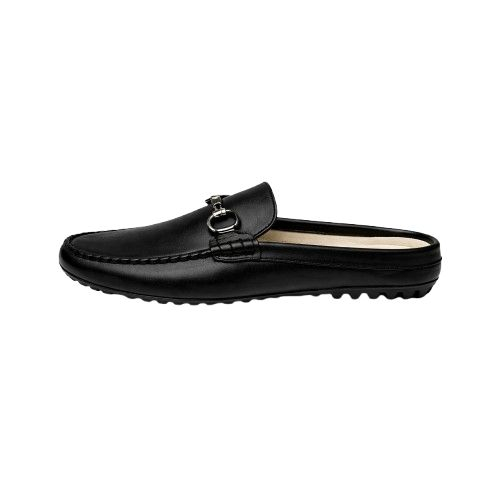 Black Leather Metal Bit Loafer Mules