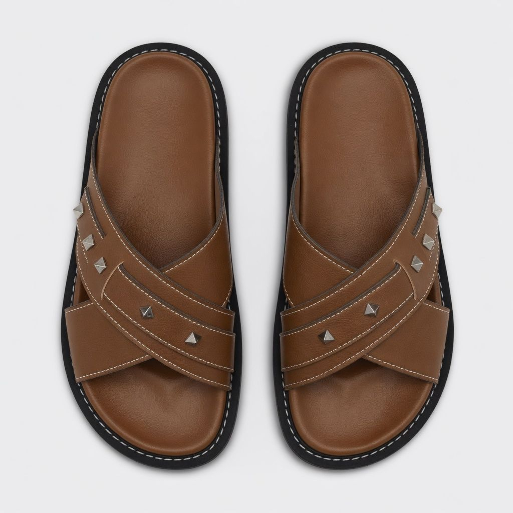 Classic Brown Cross Strap Slide Sandals with Studded Detail