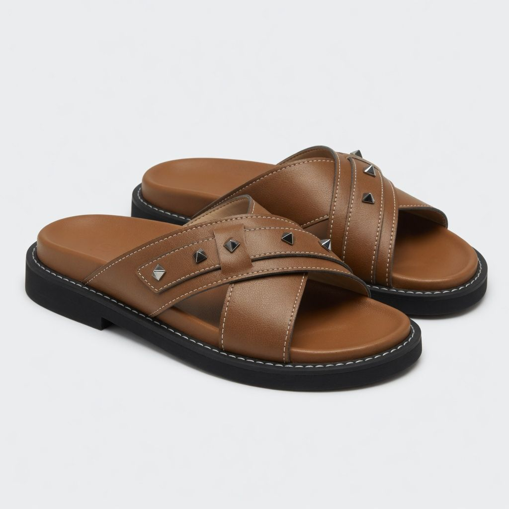 Classic Brown Cross Strap Slide Sandals with Studded Detail