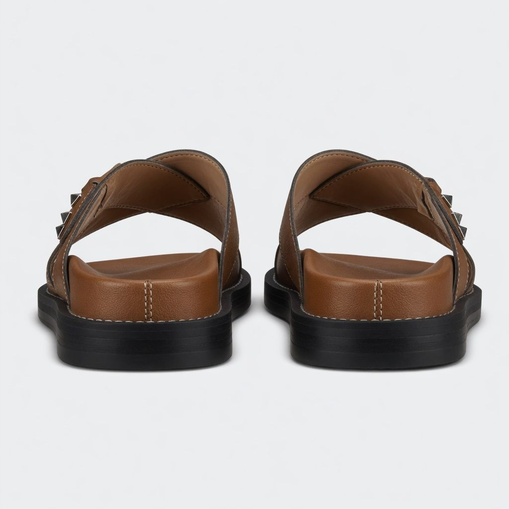 Classic Brown Cross Strap Slide Sandals with Studded Detail