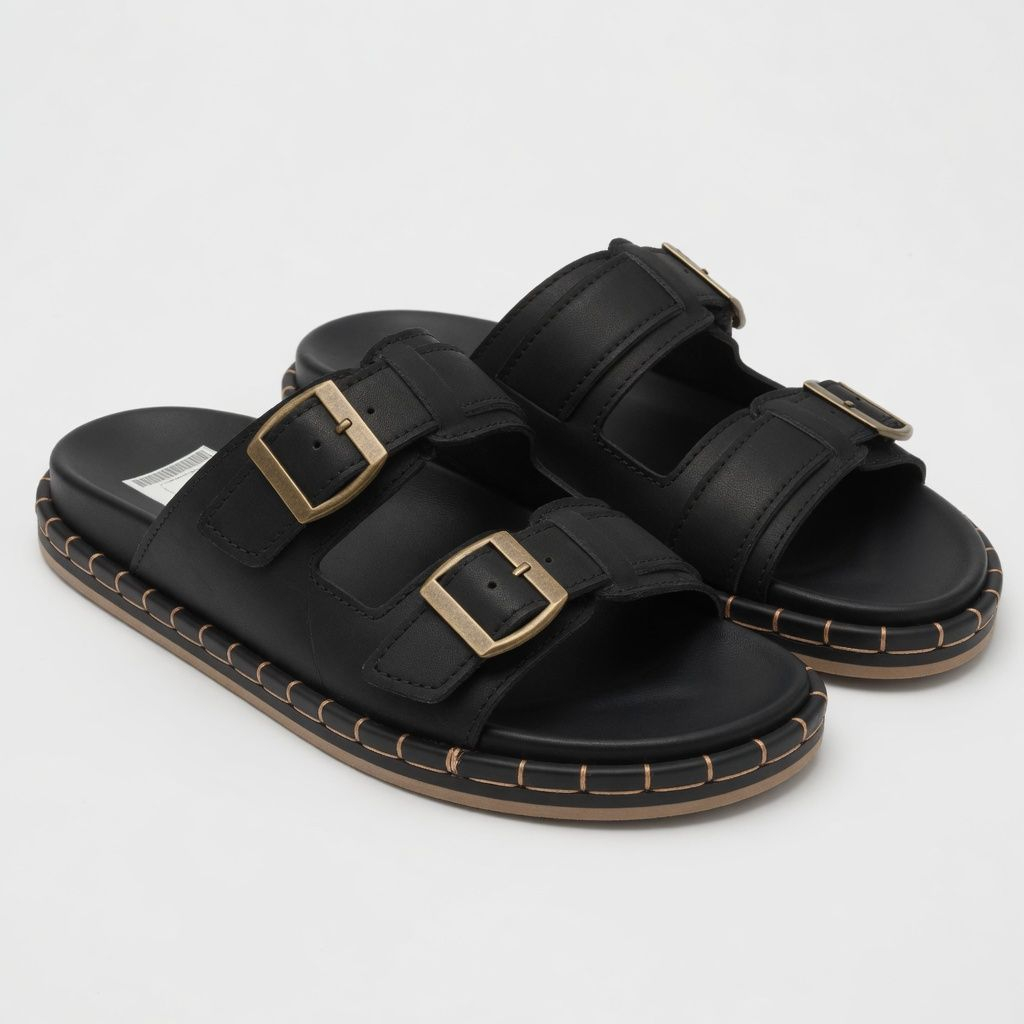 Classic Black Double Buckle Slide Sandals