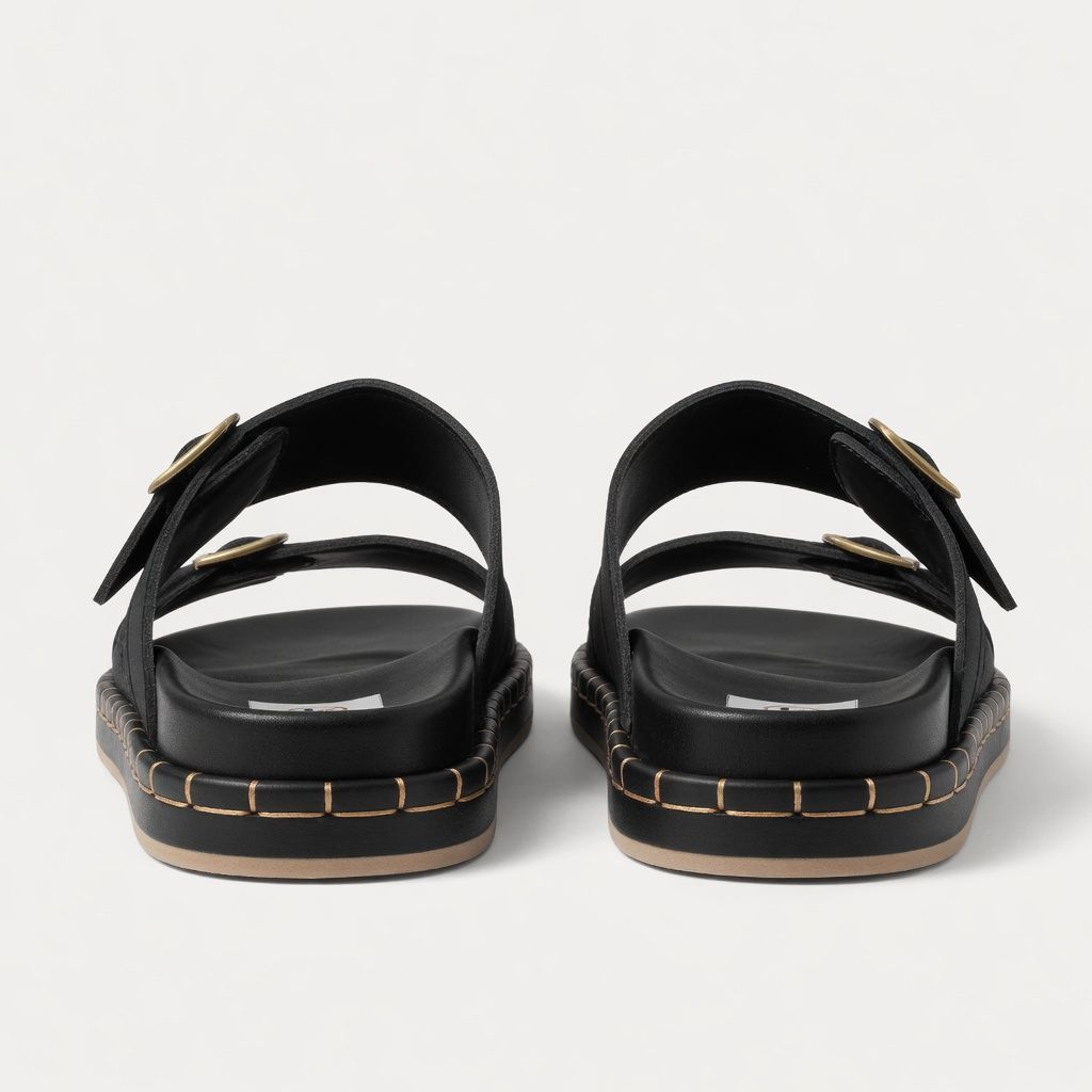 Classic Black Double Buckle Slide Sandals