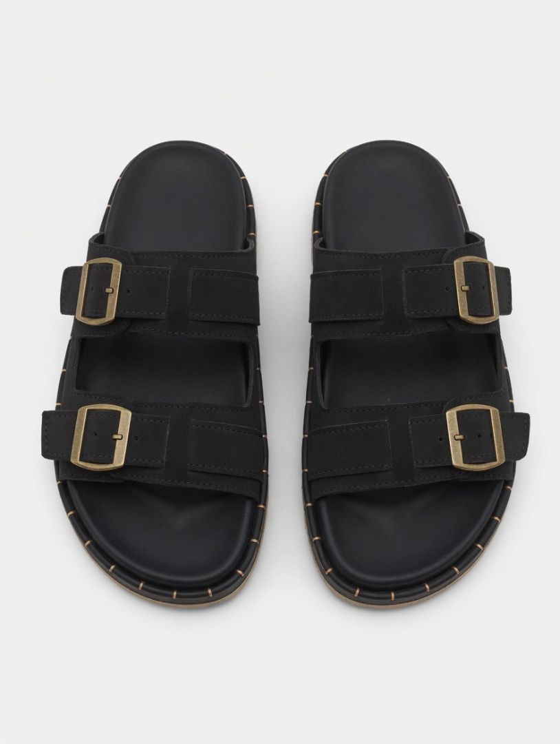 Classic Black Double Buckle Slide Sandals