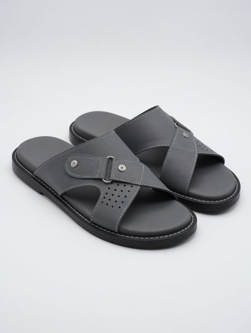 Classic Grey Cross Strap Slide Sandals with Decorative Button Detail