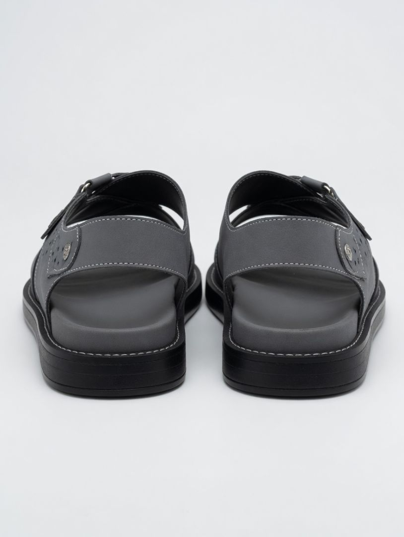 Classic Grey Cross Strap Slide Sandals with Decorative Button Detail