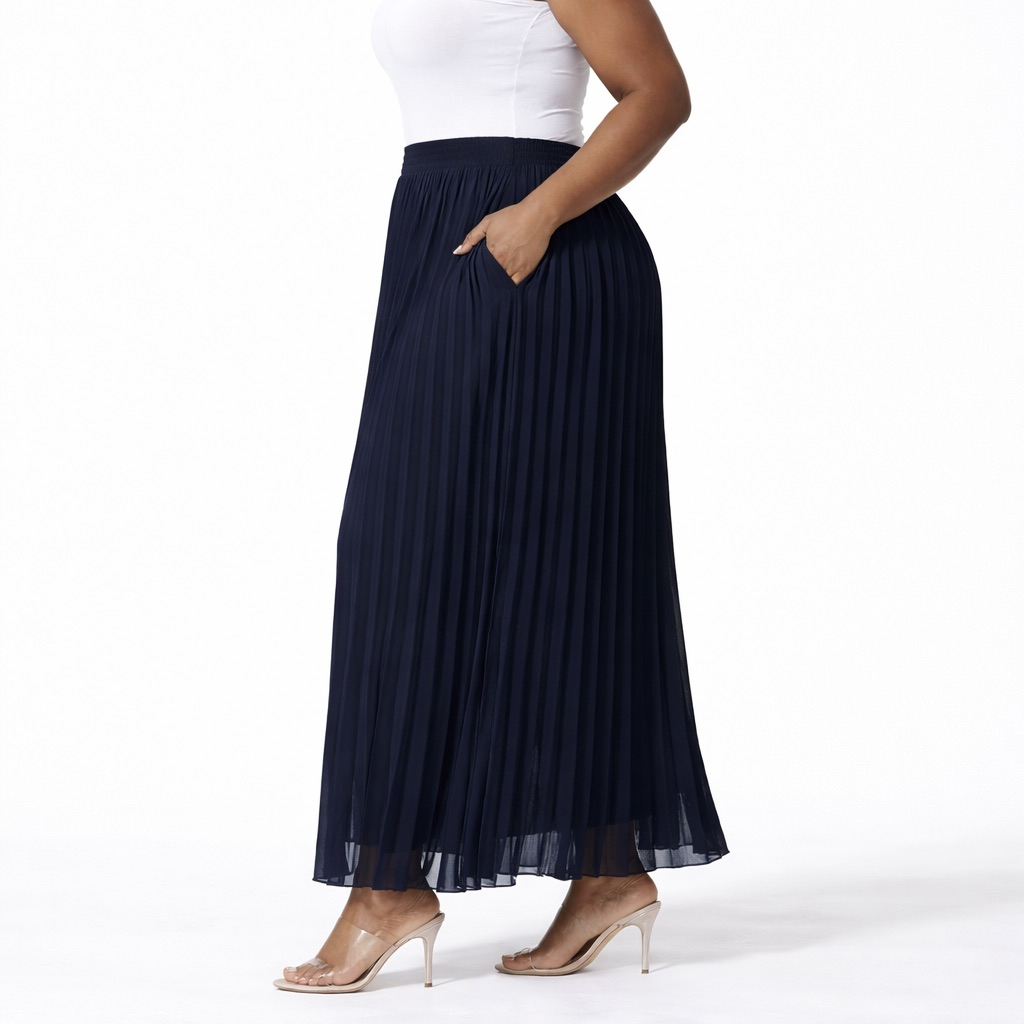 Black  Pleated  Elastic  Waist Midi  Skirt