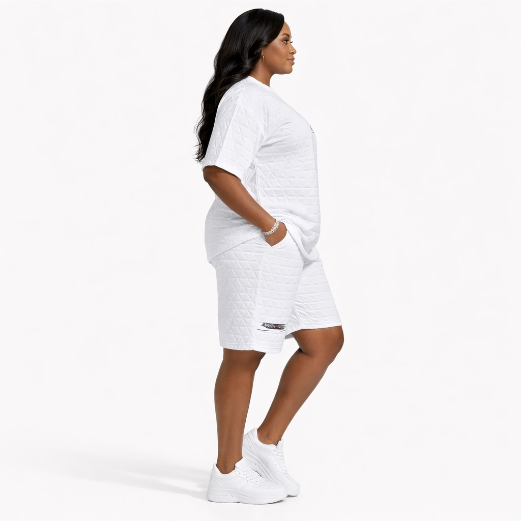 Womens White  Quilted  Two Piece Short Set