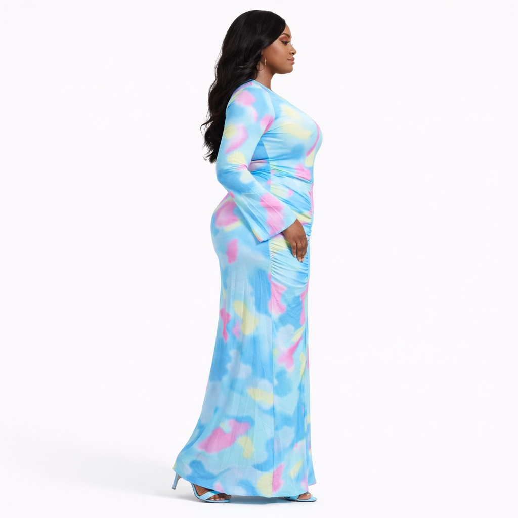 Sky Blue Abstract Print  Ruched Long Sleeve  Maxi Dress
