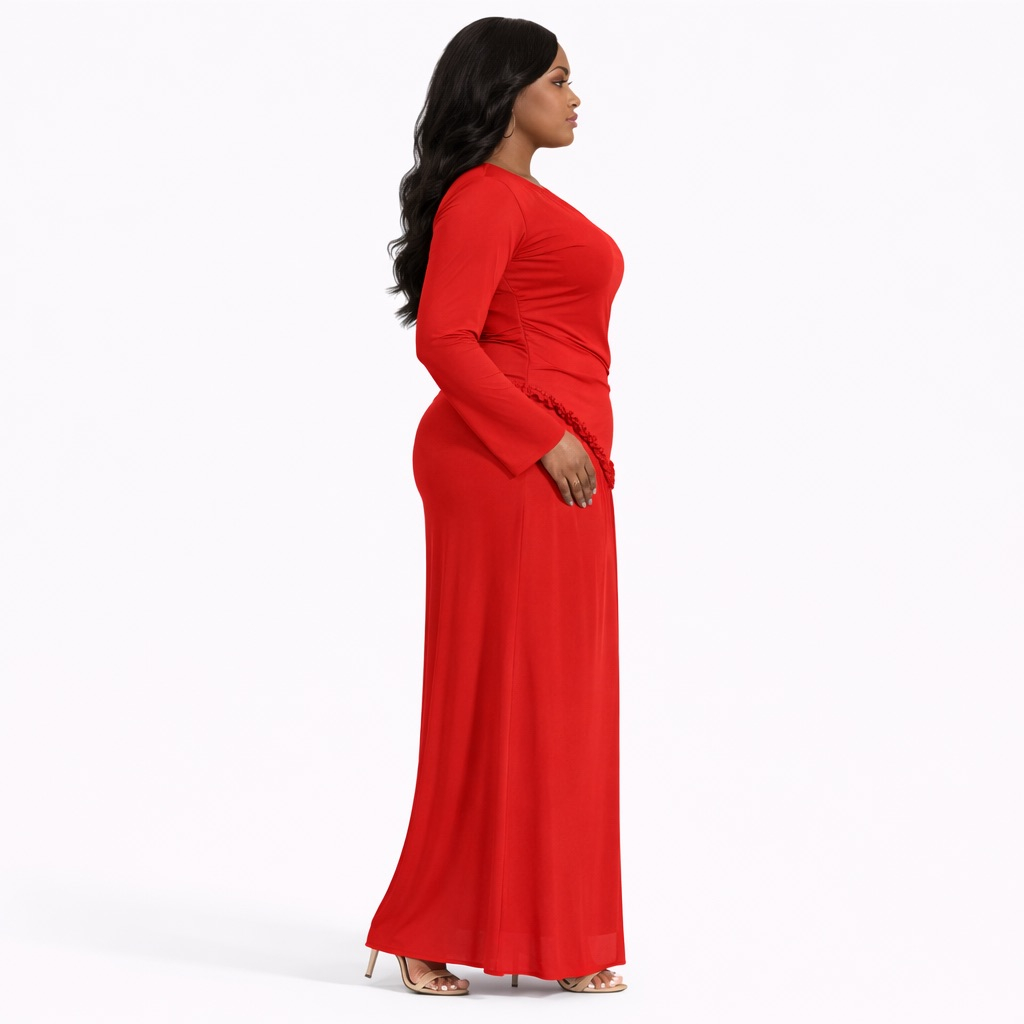 Elegant Red Ruched Long Sleeve Maxi Dress  with  Ruffle Detail