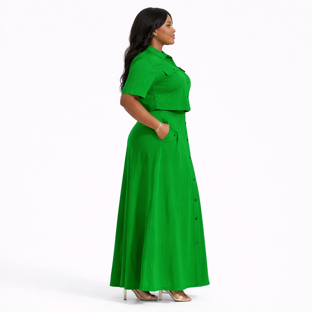Emerald Green Button Down  Two Piece  Maxi Skirt Set